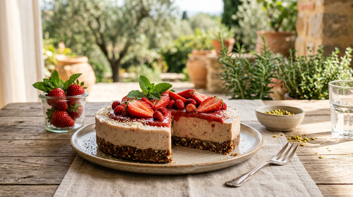 Fetta di cheesecake vegana alle fragole su un piatto di legno con fragole fresche intere e foglie di menta