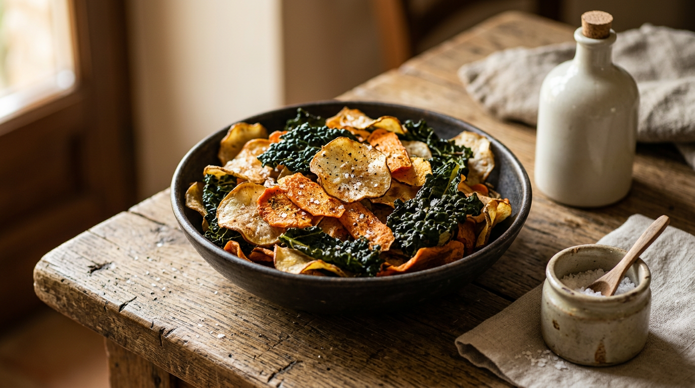 Chips di verdure miste, come carote, topinambur e cavolo nero, disposte croccanti su un piatto o in una ciotola.