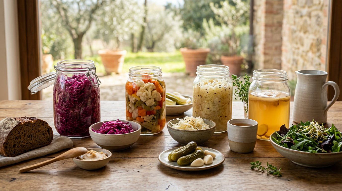 Vari cibi fermentati come kimchi, crauti e verdure miste in barattoli di vetro su un tavolo di legno rustico.