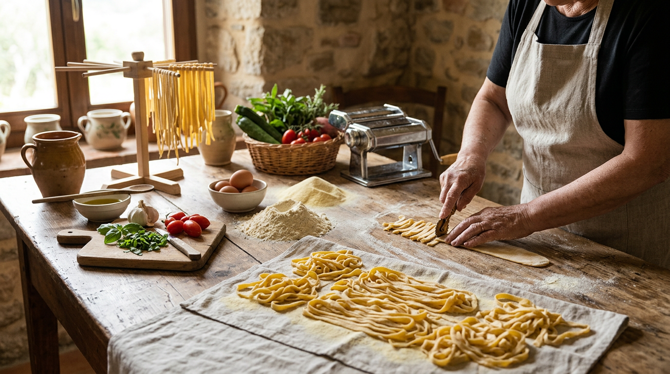 Banco di un mercato contadino con pane artigianale a lievitazione naturale e verdure fresche di stagione.