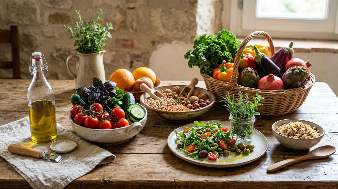 Cesto di vimini colmo di frutta e verdura fresca e colorata di stagione, come pomodori, carote, broccoli e mele, appoggiato su un tavolo di legno.