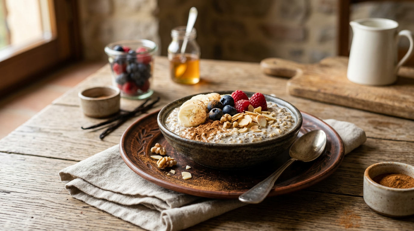 Cinnamon Overnight Oats alla cannella con mela a fette e cannella in polvere in un barattolo di vetro su un tagliere di legno.