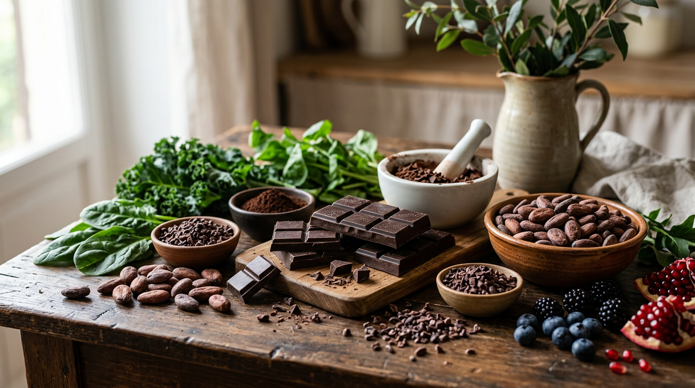 Frammenti di cioccolato fondente scuro disposti artisticamente su un tagliere di legno con alcune fave di cacao e chicchi di caffè.