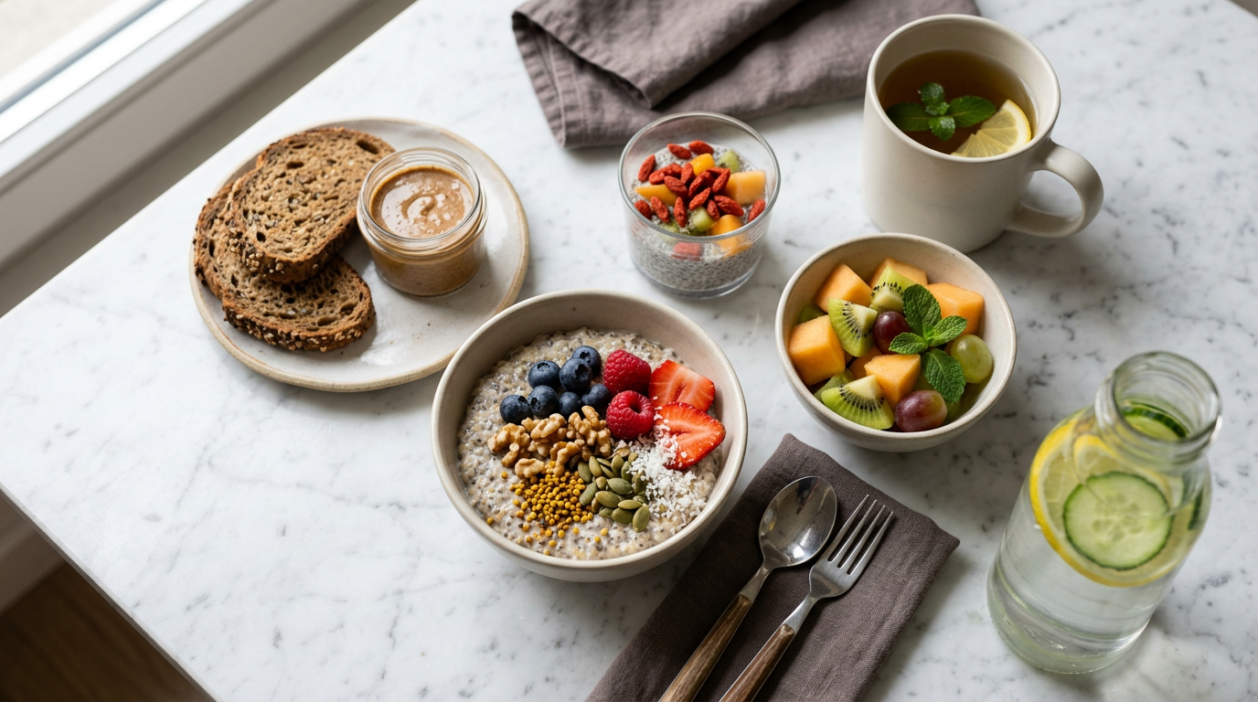 Ciotola di fiocchi d'avena con frutta fresca e semi oleosi su un tavolo di legno chiaro, con una tazza di tè e un libro aperto accanto.
