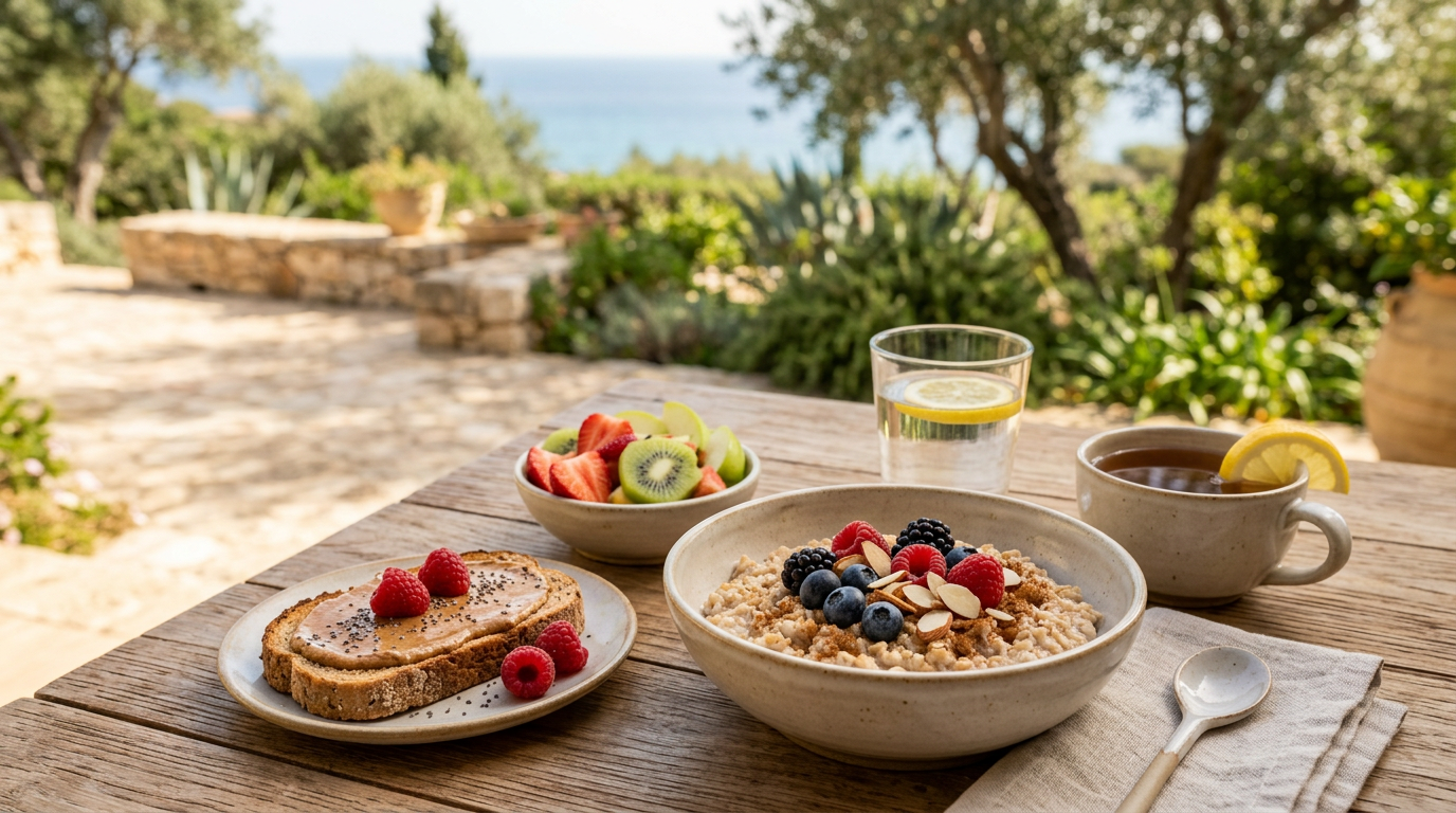 Porridge di avena in una ciotola bianca, guarnito con frutti di bosco freschi, noci e semi di chia.