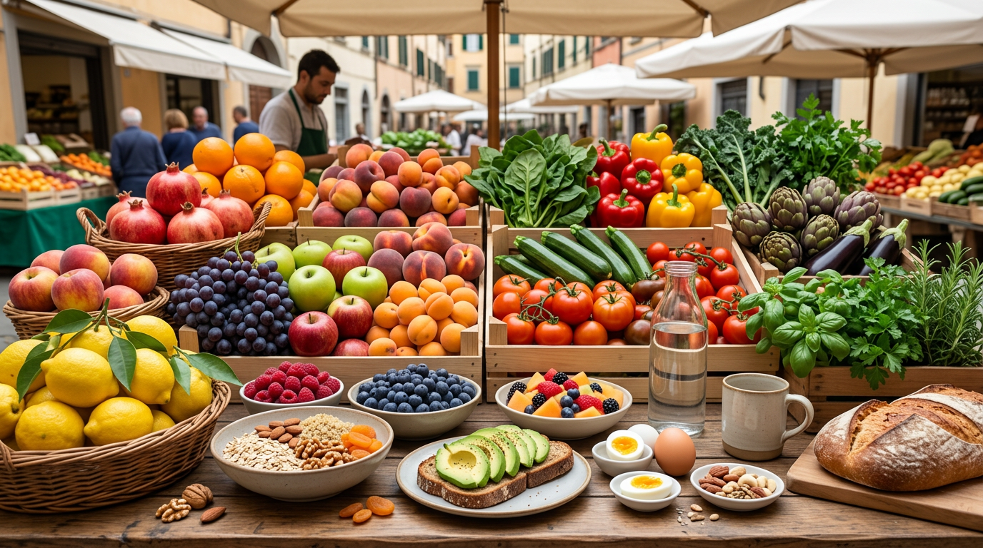 Una ciotola di yogurt con frutta fresca e semi, accanto a piccoli pesi da palestra, su un tavolo di legno