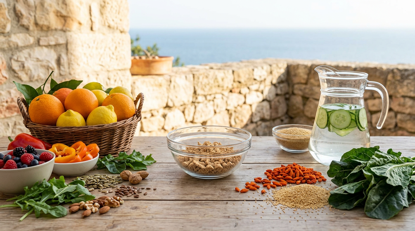 Verdure fresche colorate come peperoni, spinaci e carote su un tavolo di legno, con arance e fragole in primo piano.