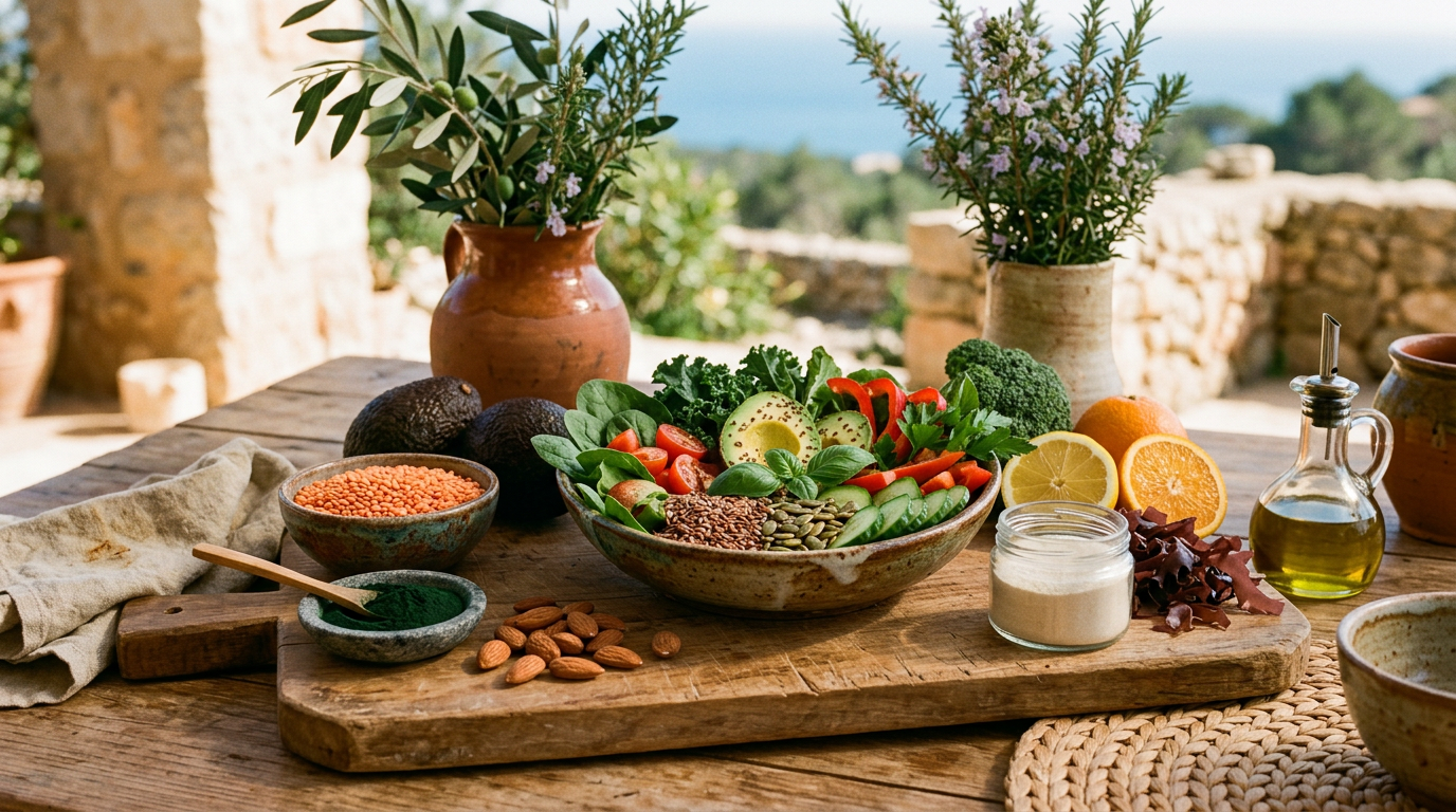 Varia selezione di frutta e verdura fresca e colorata, con agrumi, fragole e peperoni in primo piano, simboli di alimenti ricchi di vitamina C.