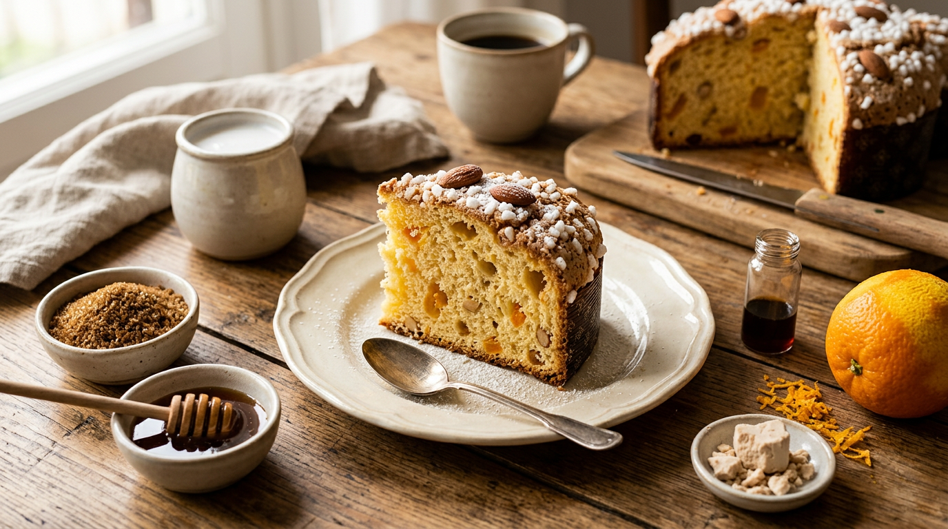 Colomba pasquale appena sfornata, dorata in superficie, decorata con glassa alle mandorle, granella di zucchero e mandorle intere su un piatto di ceramica.