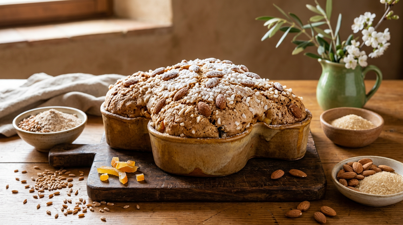 Una colomba pasquale fatta in casa con farina antica, decorata con mandorle e zucchero a velo, su un piatto di legno.