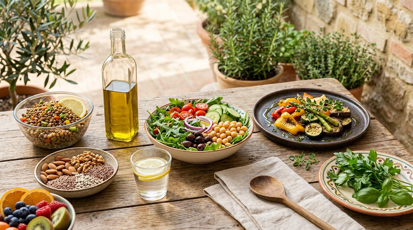 Una donna sorridente prepara un'insalata salutare in una cucina luminosa, con verdure fresche e colorate sul tavolo.