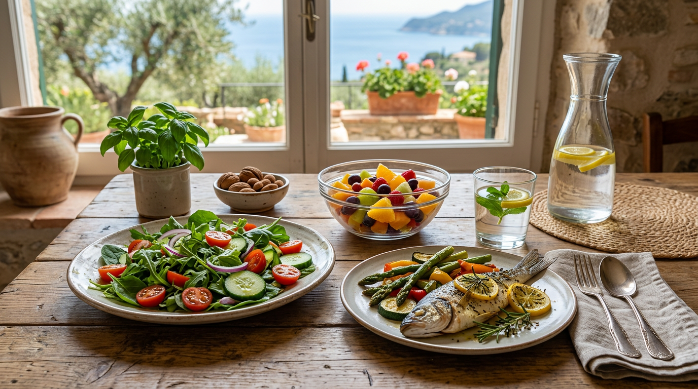 Una donna sorridente che prepara un'insalata salutare con verdure fresche e colorate in una cucina luminosa.