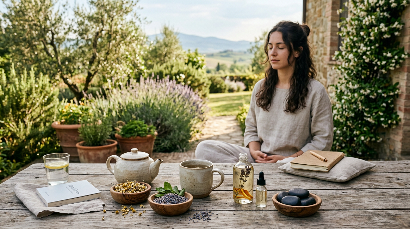 Donna seduta a gambe incrociate su un tappetino da yoga in una stanza luminosa, mentre pratica una tecnica di respirazione con gli occhi chiusi.