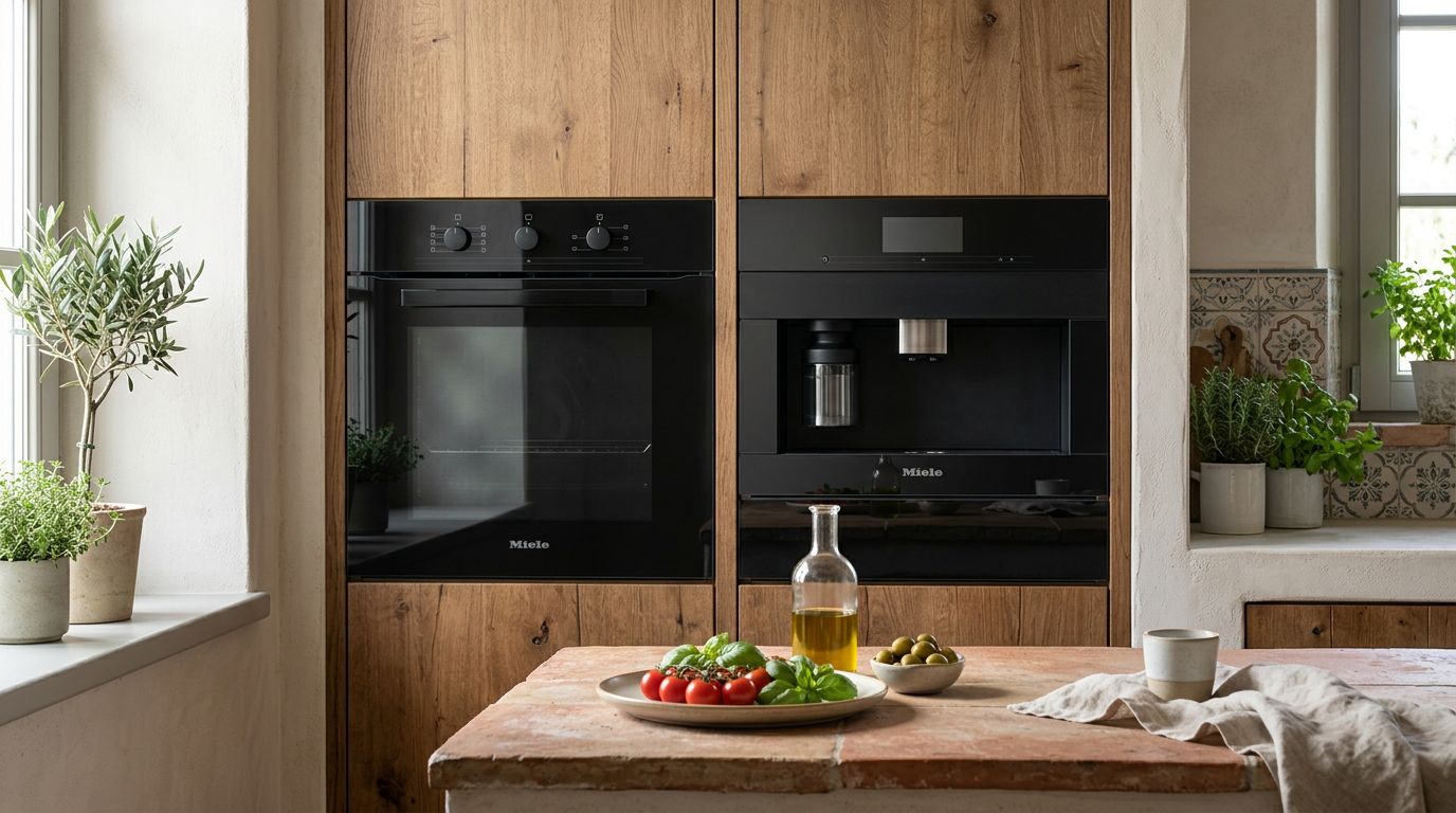Cucina moderna e luminosa con verdure fresche e un robot da cucina sul bancone.