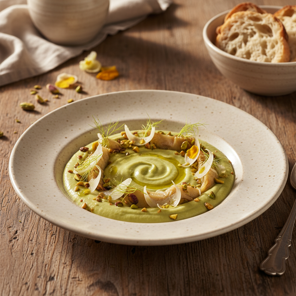 Una ciotola di crema vellutata di finocchi e carciofi, guarnita con semi di finocchio e un filo d'olio, su un tavolo di legno.