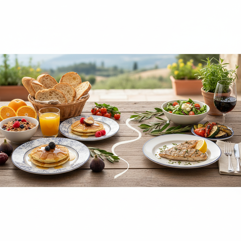Tavola imbandita di alimenti sani e freschi, con verdura, frutta e cereali