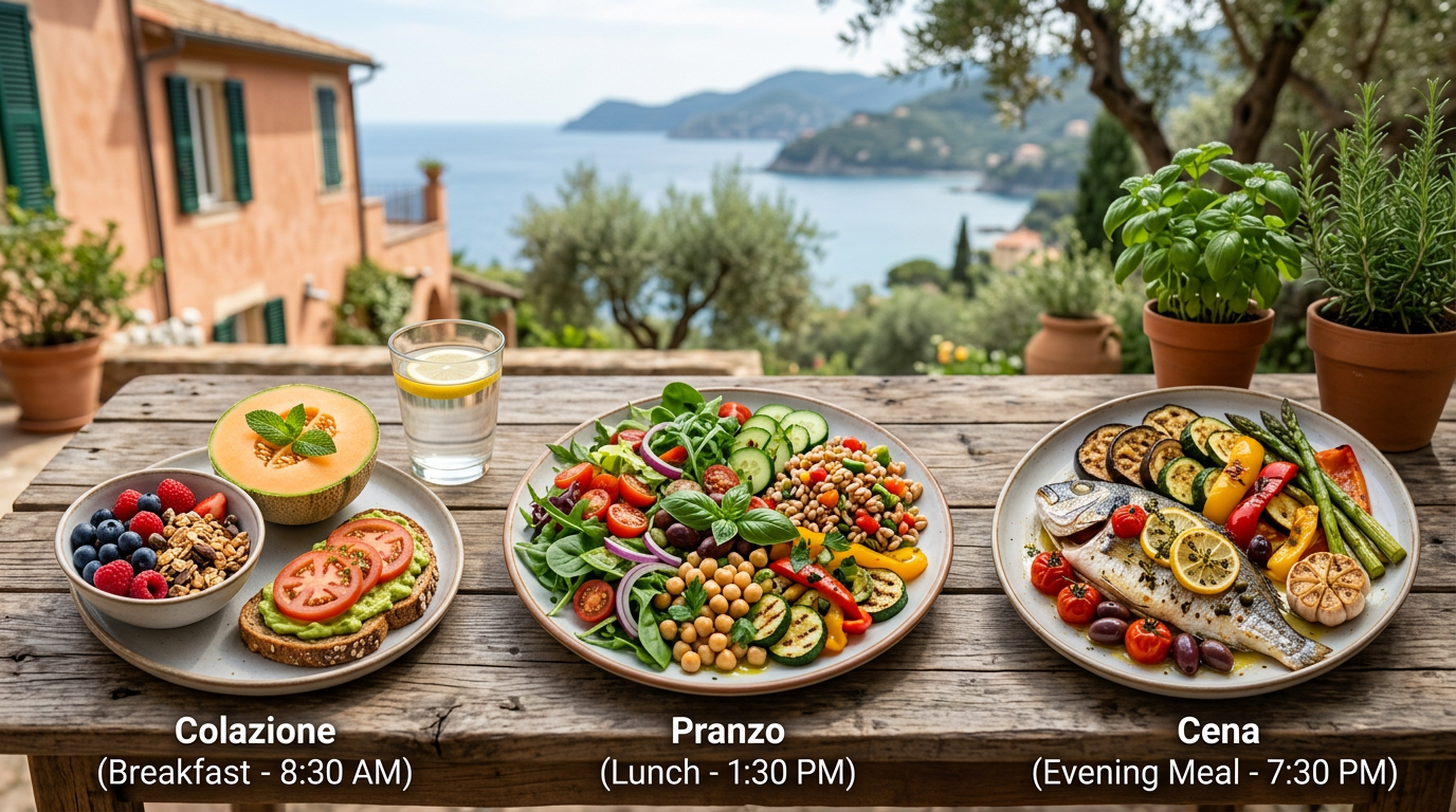 Piatto colorato di cibo mediterraneo fresco e salutare su un tavolo di legno. Un orologio sullo sfondo.
