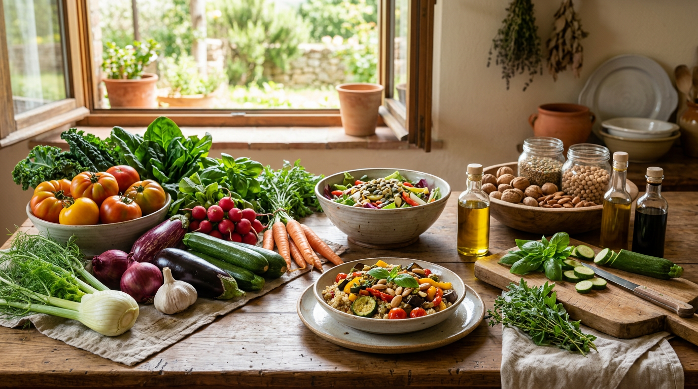 Cesto in vimini colmo di verdure fresche di stagione come carote, broccoli e pomodori su un tavolo di legno rustico