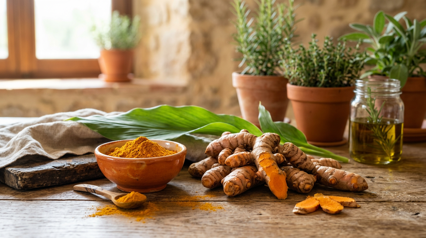 Radice di curcuma fresca intera e polvere di curcuma dentro una ciotola di legno scuro