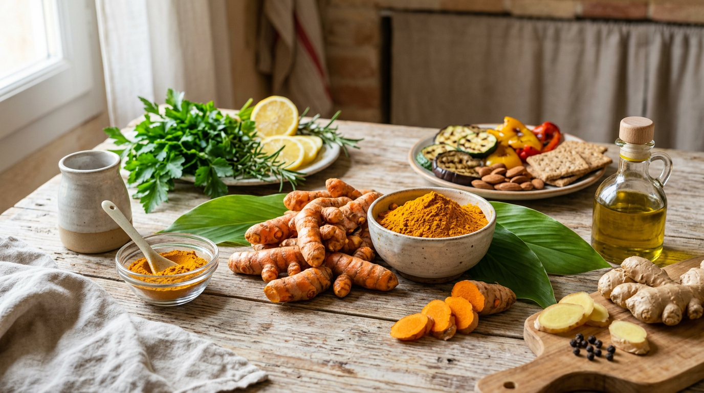 Radice di curcuma fresca e polvere di curcuma in una ciotola con spezie