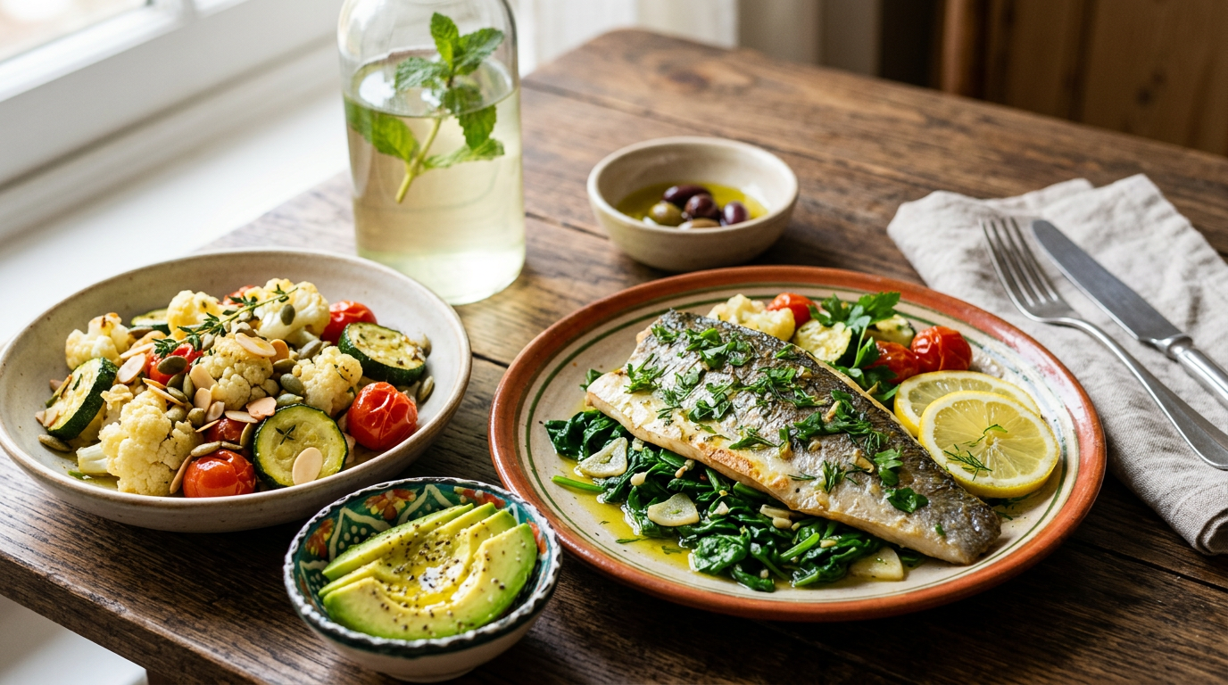 Assortimento di alimenti per la dieta chetogenica come avocado, salmone e noci, contrapposti a un cesto di frutta e verdura colorata.
