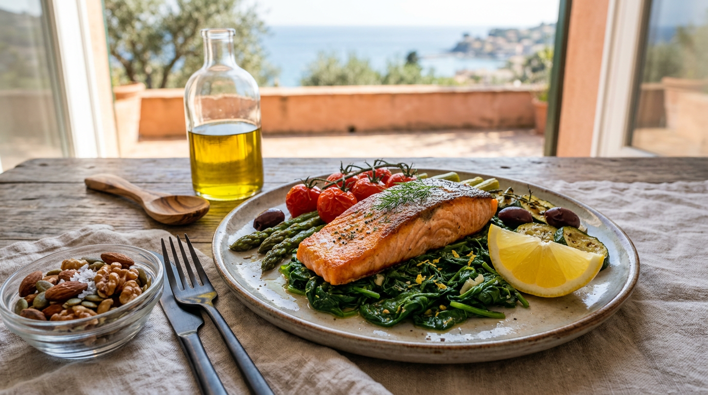 Assortimento di alimenti sani come pesce, avocado, noci, semi e verdure fresche disposti su un tavolo di legno scuro.