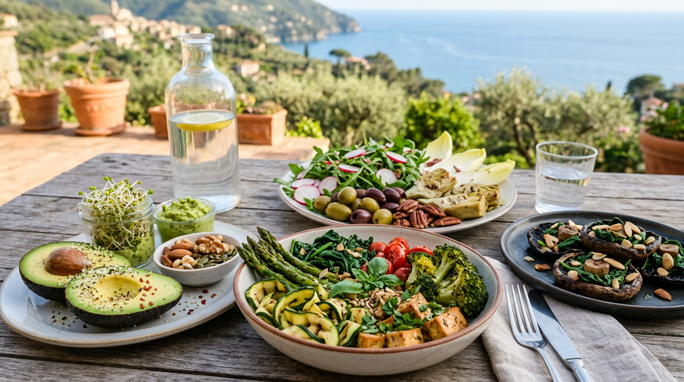 Una selezione di alimenti vegetariani a basso contenuto di carboidrati come avocado, noci, semi e verdure a foglia verde disposti su un tavolo di legno.