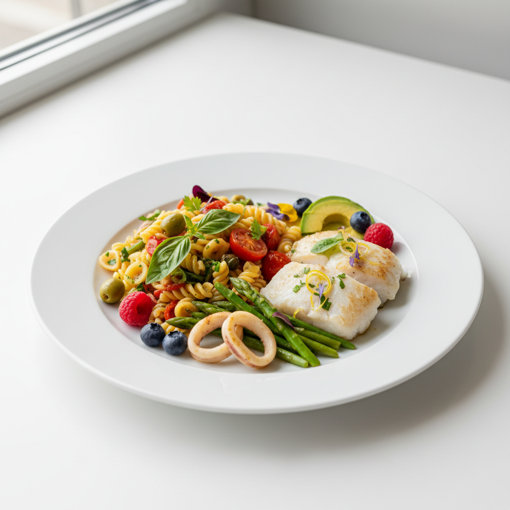 Tavola imbandita con verdure fresche di stagione, cereali integrali e frutta a basso contenuto di istamina.