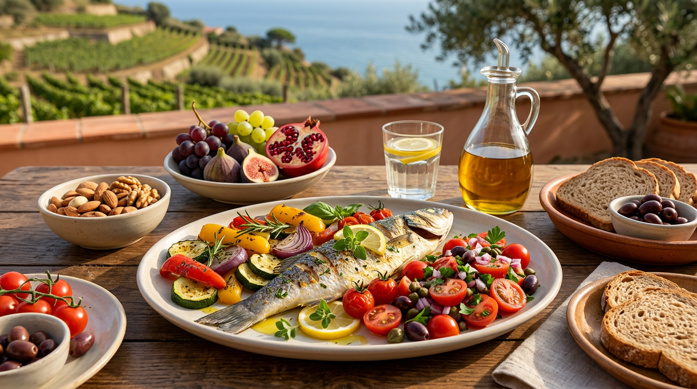 Cesta di vimini colma di verdura fresca e colorata, una bottiglia di olio d'oliva e del pesce fresco.
