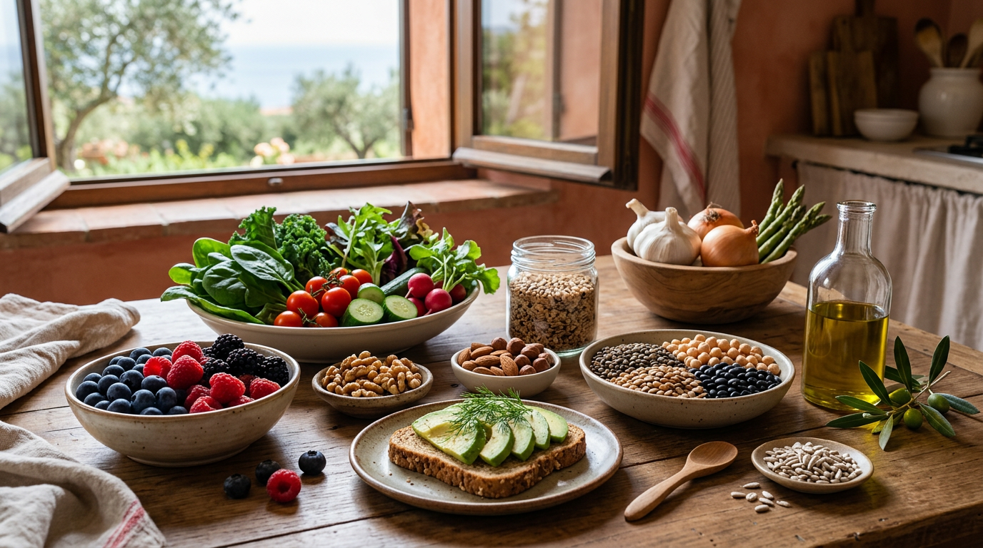 Piatto colorato con verdure a foglia verde, frutti di bosco, frutta secca e un filo d'olio d'oliva, simboli della Dieta MIND.