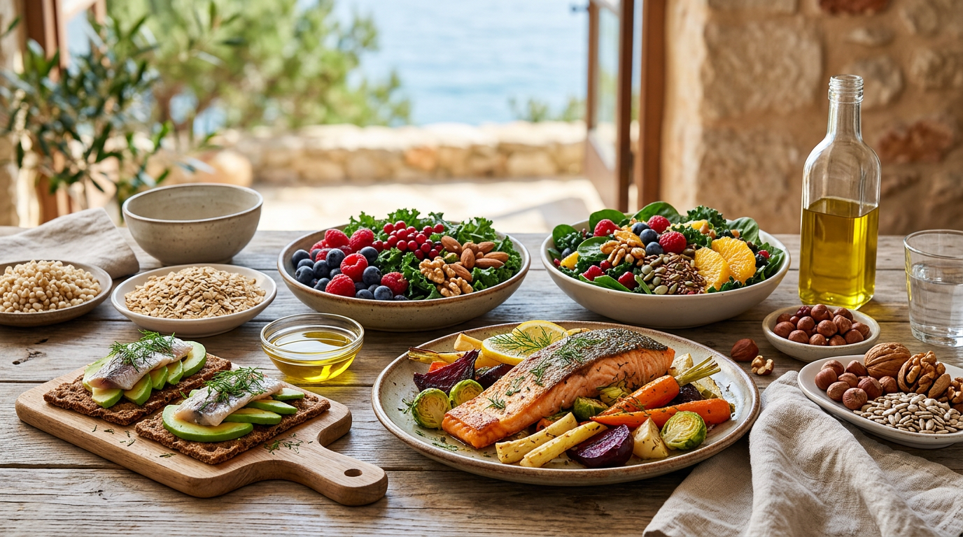 Tavola imbandita di frutti di bosco, cereali integrali, pesce e verdure fresche, con un cesto di prodotti locali sullo sfondo.