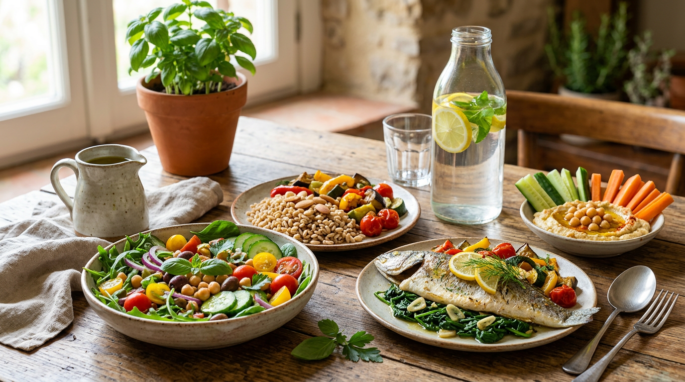 Piatto sano con salmone grigliato, asparagi e spicchi di limone, rappresentativo della dieta per diabetici