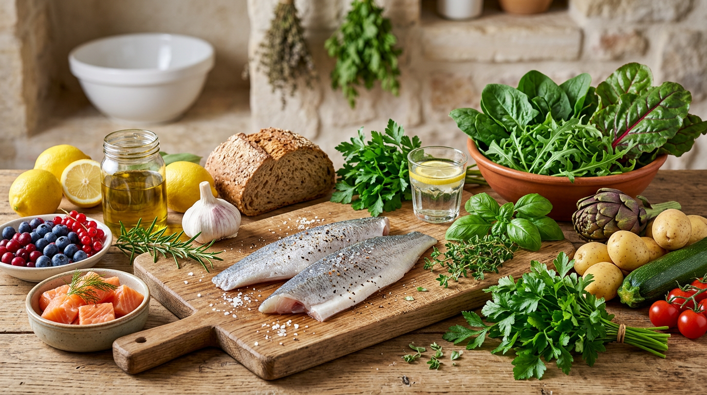 Un bicchiere d'acqua fresca con fette di limone e mirtilli rossi, vicino a un mazzetto di erbe aromatiche su un tavolo di legno chiaro.