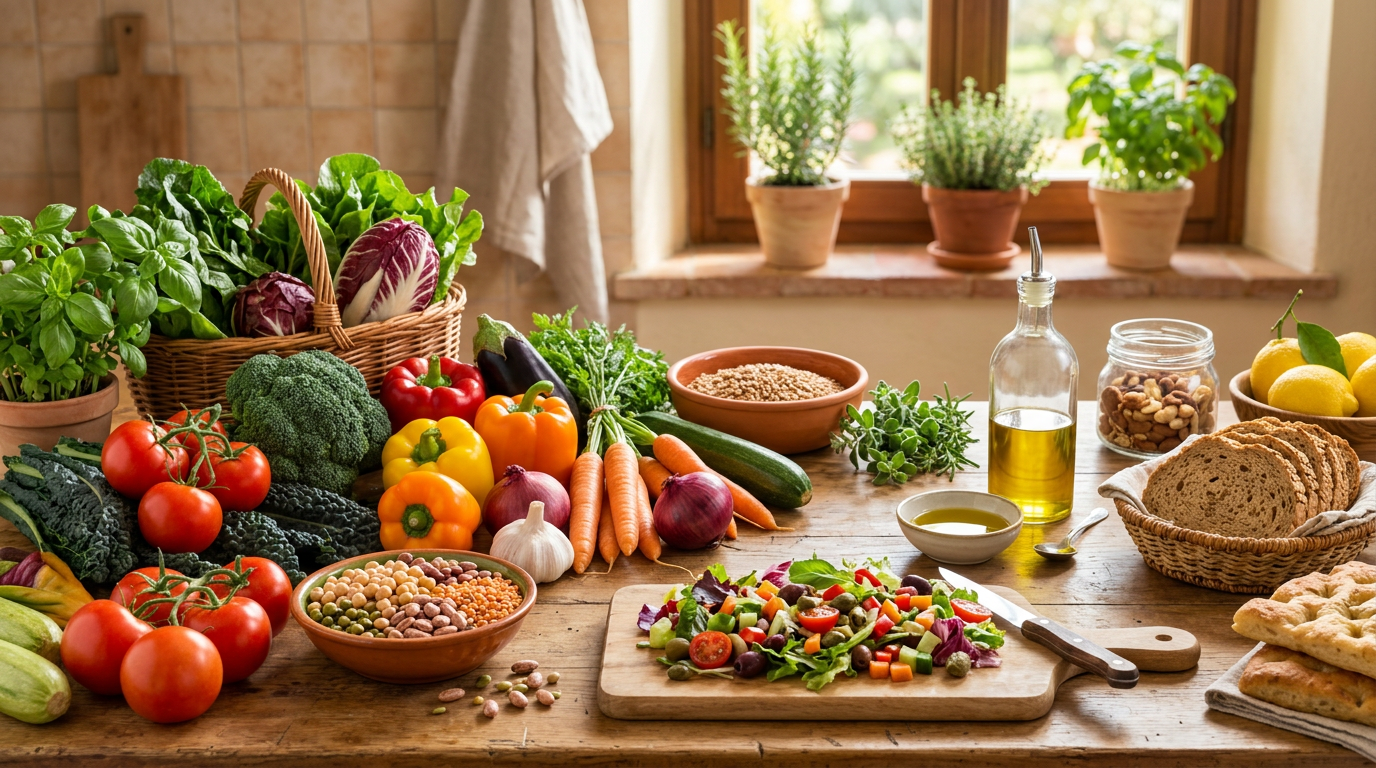 Verdure fresche colorate, pesci e noci disposti su un piano di legno, simboli di una dieta sana e bilanciata.