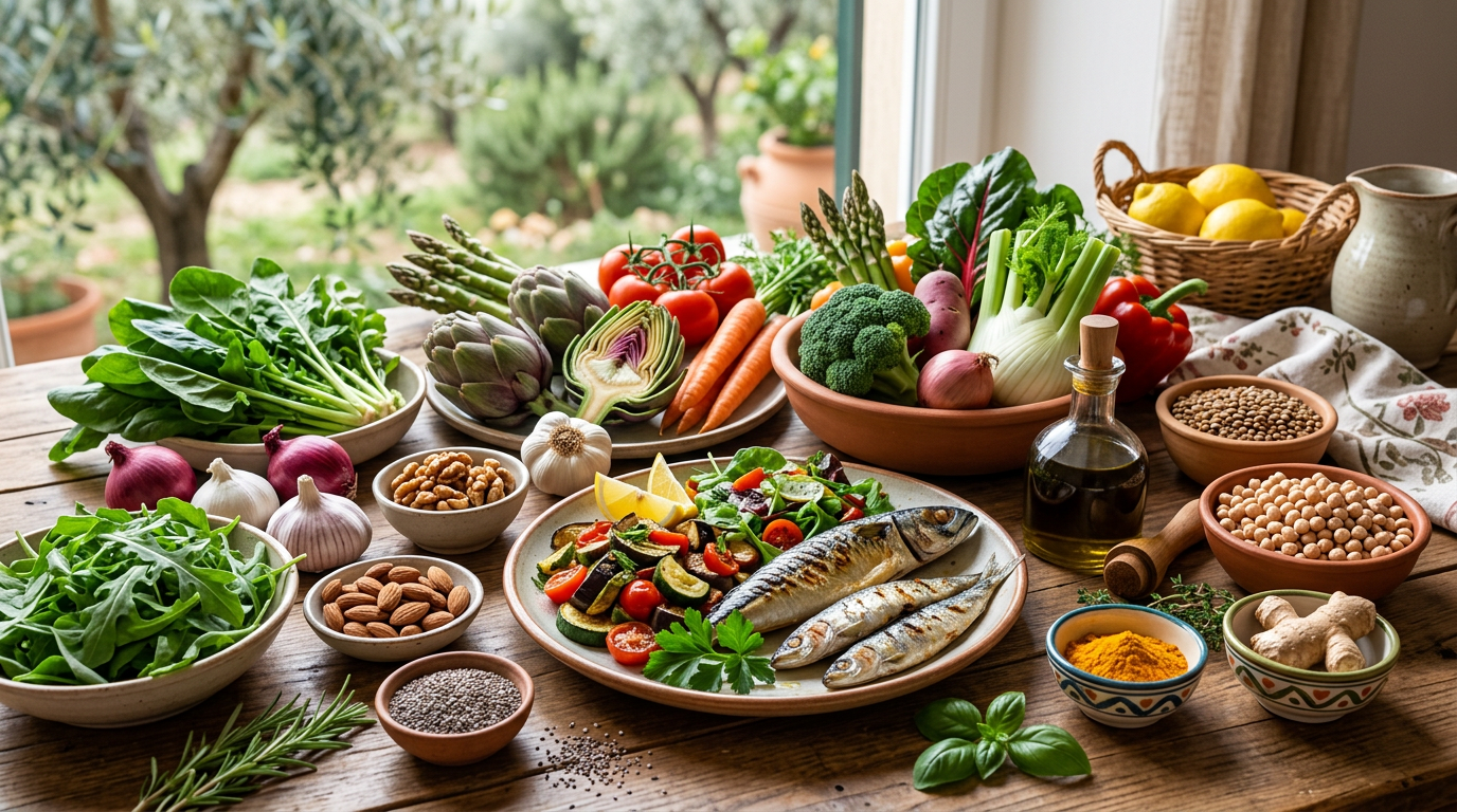 Verdure a foglia verde, limoni e olio extravergine d'oliva simboleggianti alimenti sani per il fegato su un tavolo di legno.
