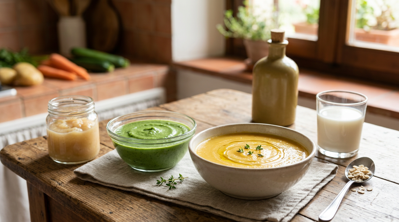 Ciotola di vellutata di zucca arancione con un filo d'olio, accanto a verdure fresche come zucchine e carote.