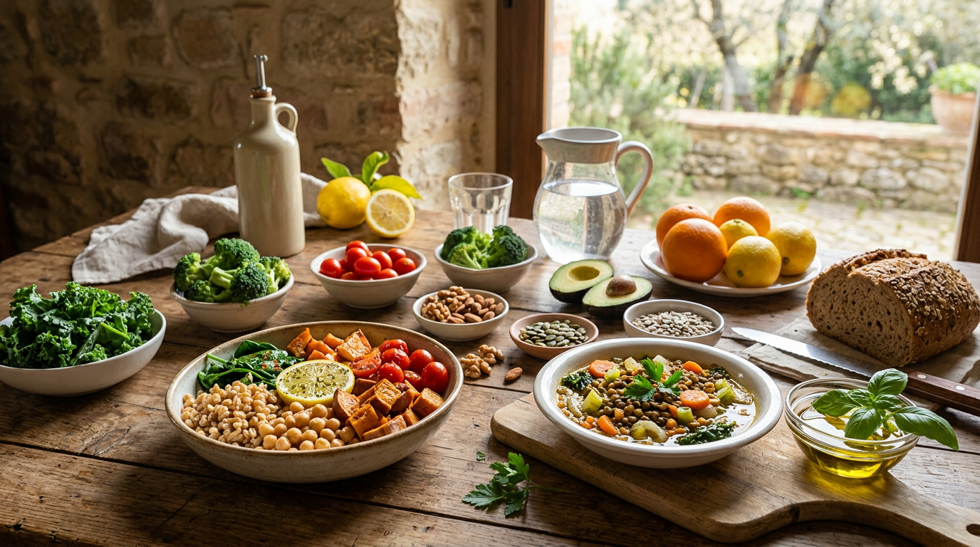 Piatto colorato di alimenti vegani con verdure fresche, legumi, semi e frutta secca, su un tavolo di legno chiaro.