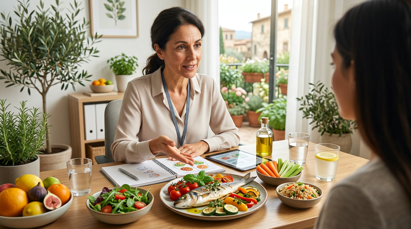 Professionista Dietista che spiega un piano alimentare ad un paziente, con grafici e alimenti su un tavolo.