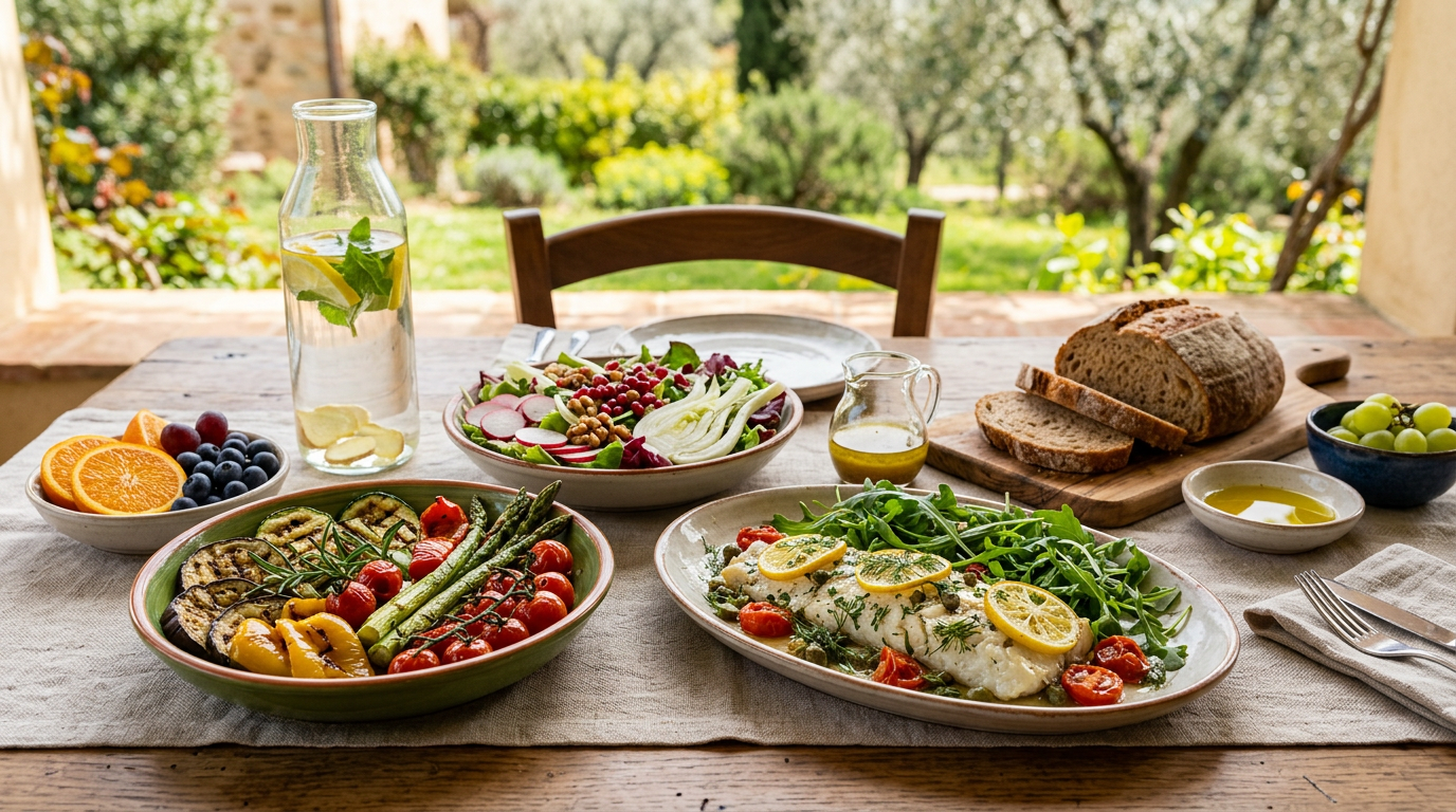 Tavola imbandita di Pasqua con pietanze colorate e salutari, con verdure fresche e frutta