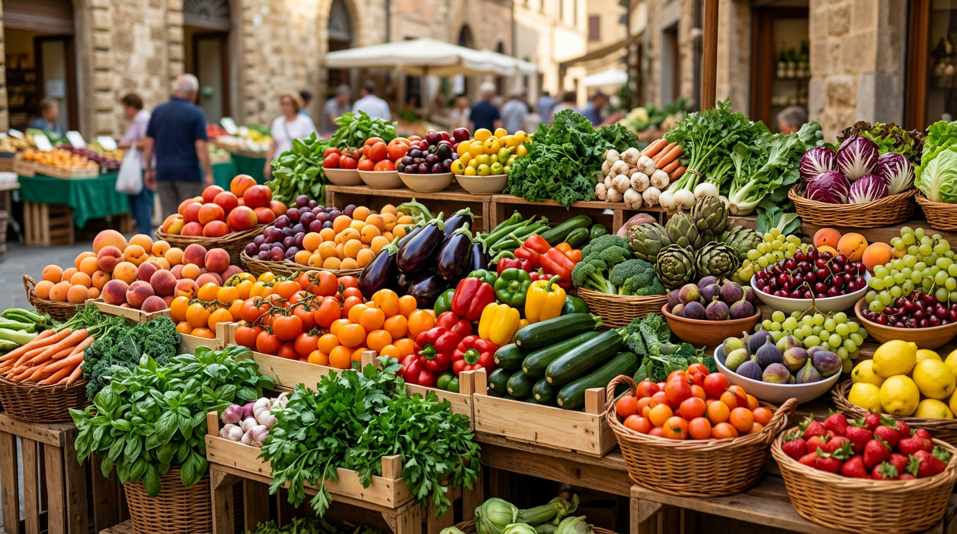 Orologio da tavolo posto di fronte a una ciotola di frutta e verdura fresca, simbolizzando il timing dei pasti e la nutrizione.
