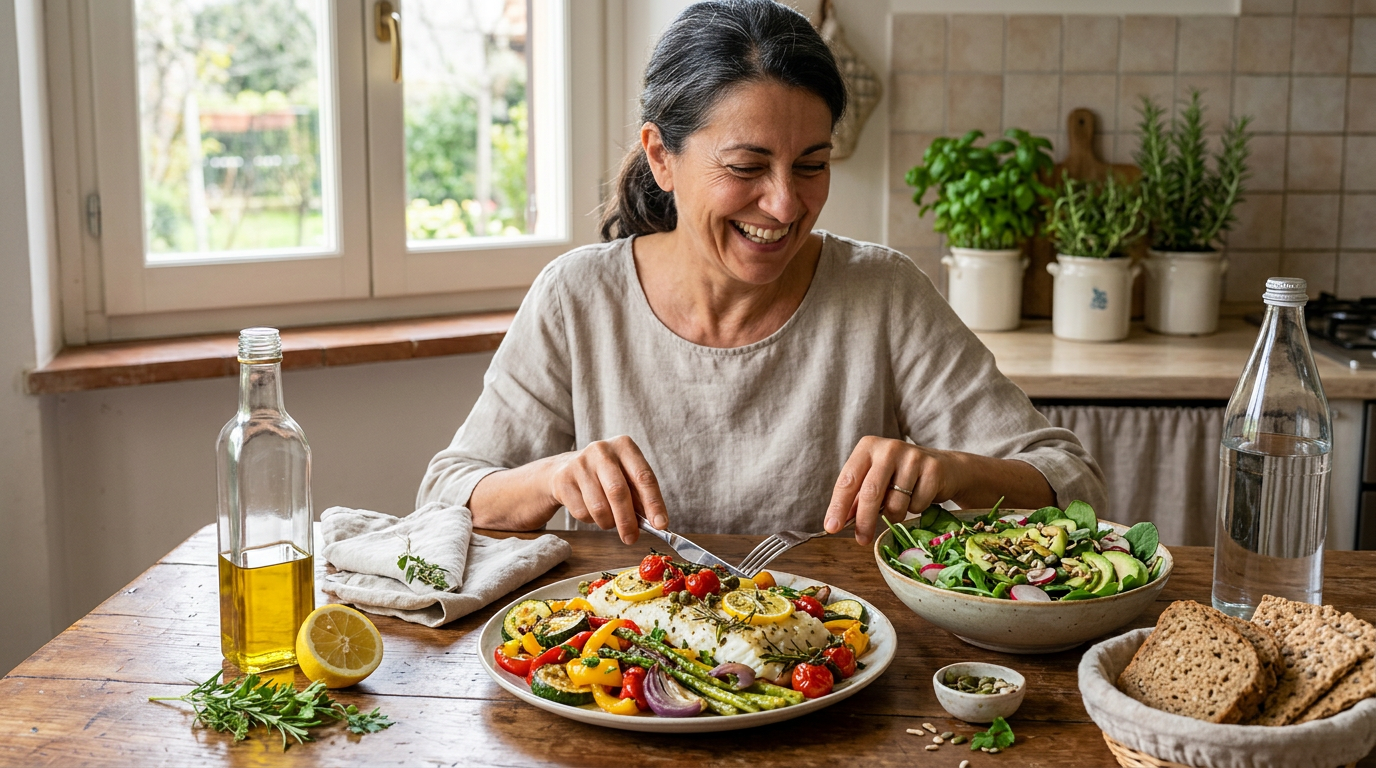 Donna sorridente di mezza età che prepara una sana insalata colorata in cucina