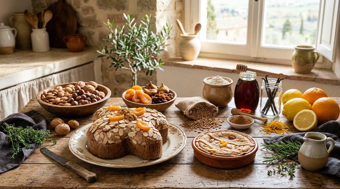 Tavola imbandita per Pasqua con dolci fatti in casa, frutta fresca e decorazioni floreali.