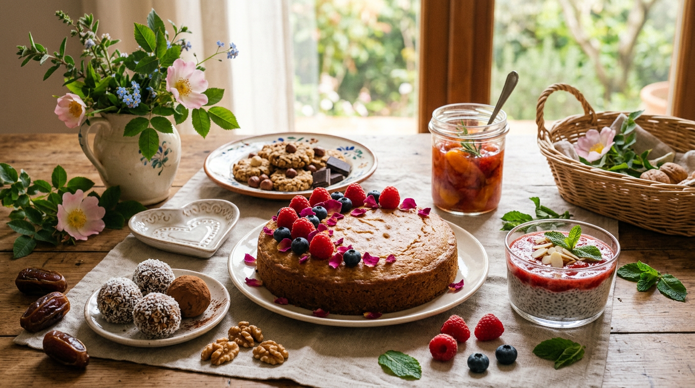 Torta alle fragole e cioccolato senza zucchero decorata con frutta fresca di stagione