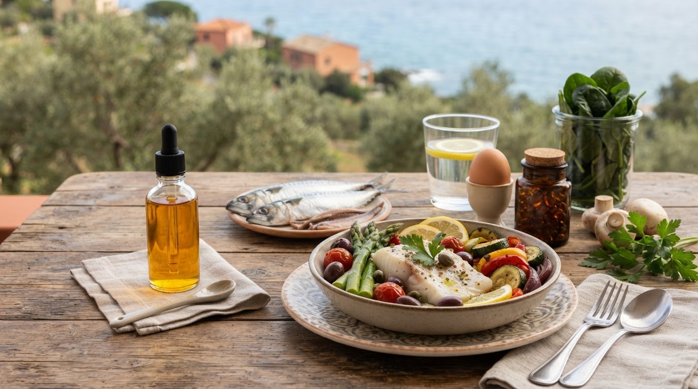 Gocce di vitamina d in un cucchiaio accanto a compresse in un contenitore di vetro