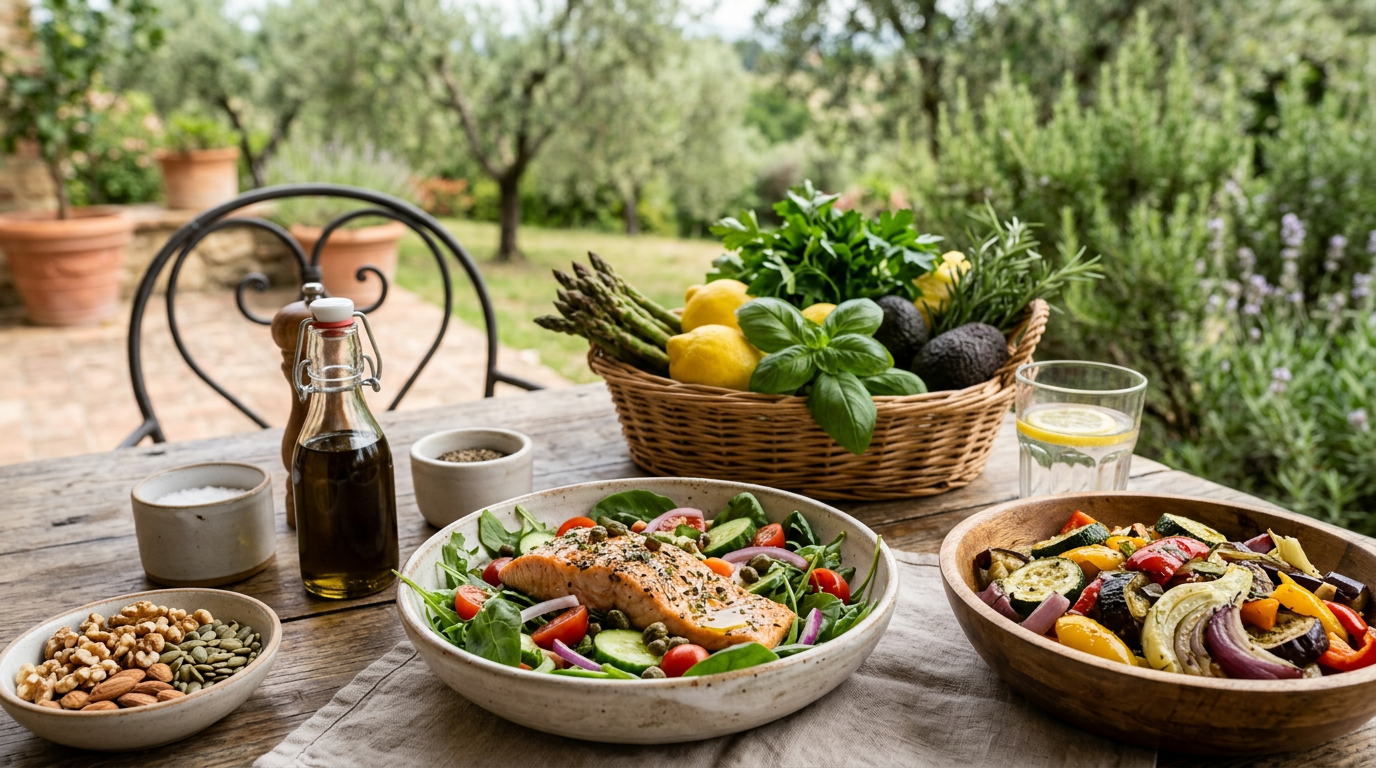 Ciotola di insalata fresca con verdure colorate e un metro da sarta arrotolato accanto.