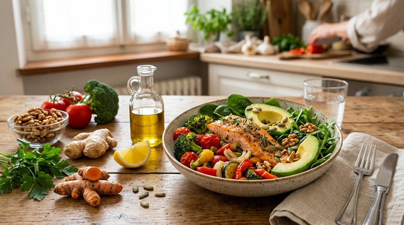 Piatto colorato di verdure fresche, pesce azzurro e semi vari, rappresentante una dieta anti-infiammatoria.