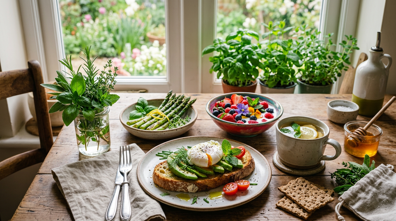 Un vassoio di erbe aromatiche fresche di primavera, come basilico, prezzemolo e menta, appena raccolte.