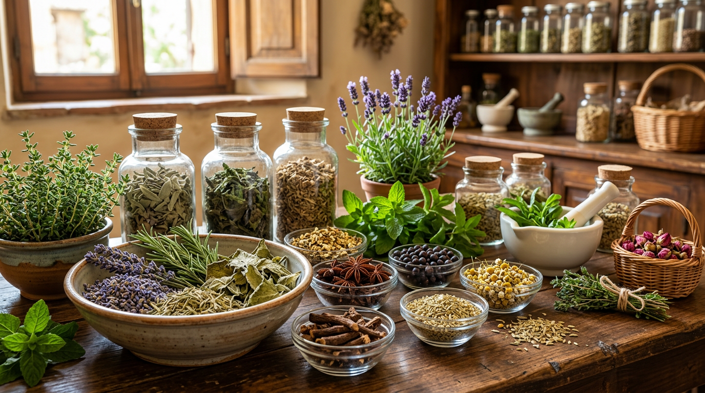 Selezione di erbe officinali essiccate e fresche su un tavolo di legno