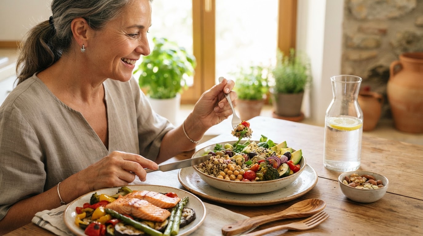 Donna matura sorridente che prepara un'insalata fresca con verdure biologiche