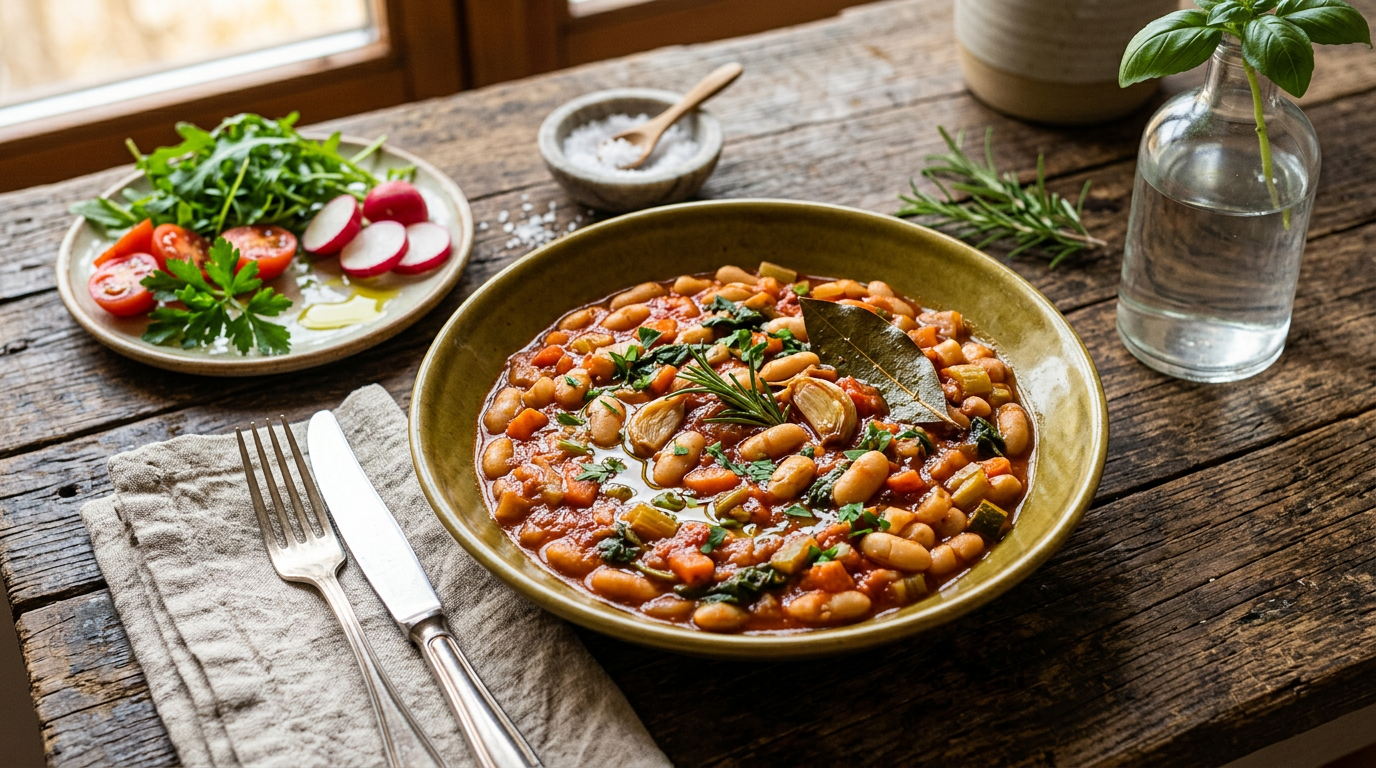 Piatto fumante di fagioli borlotti al sugo rosso con verdure tritate e un rametto di rosmarino fresco, impiattato su un tavolo di legno.